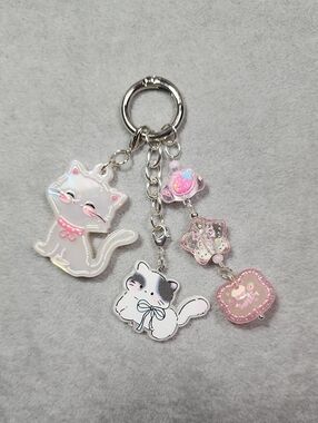 Cute Pink Cat Keychain Charm Set - Adorable Cat Accessories